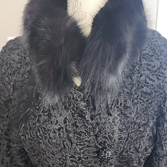 VINTAGE REAL FUR PERSIAN LAMB FOX FUR COLLAR LINED COAT EUC - Picture 4 of 15